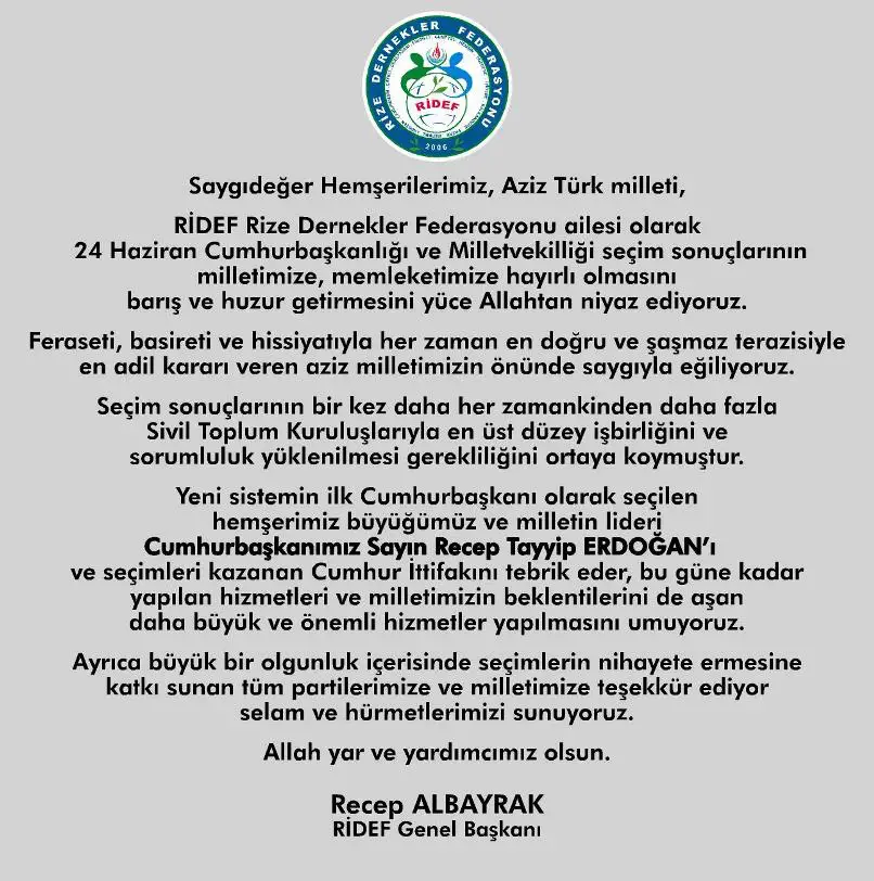 RİDEF Rize Dernekler Federasyonu'nun Seçim Sonucu Açıklaması